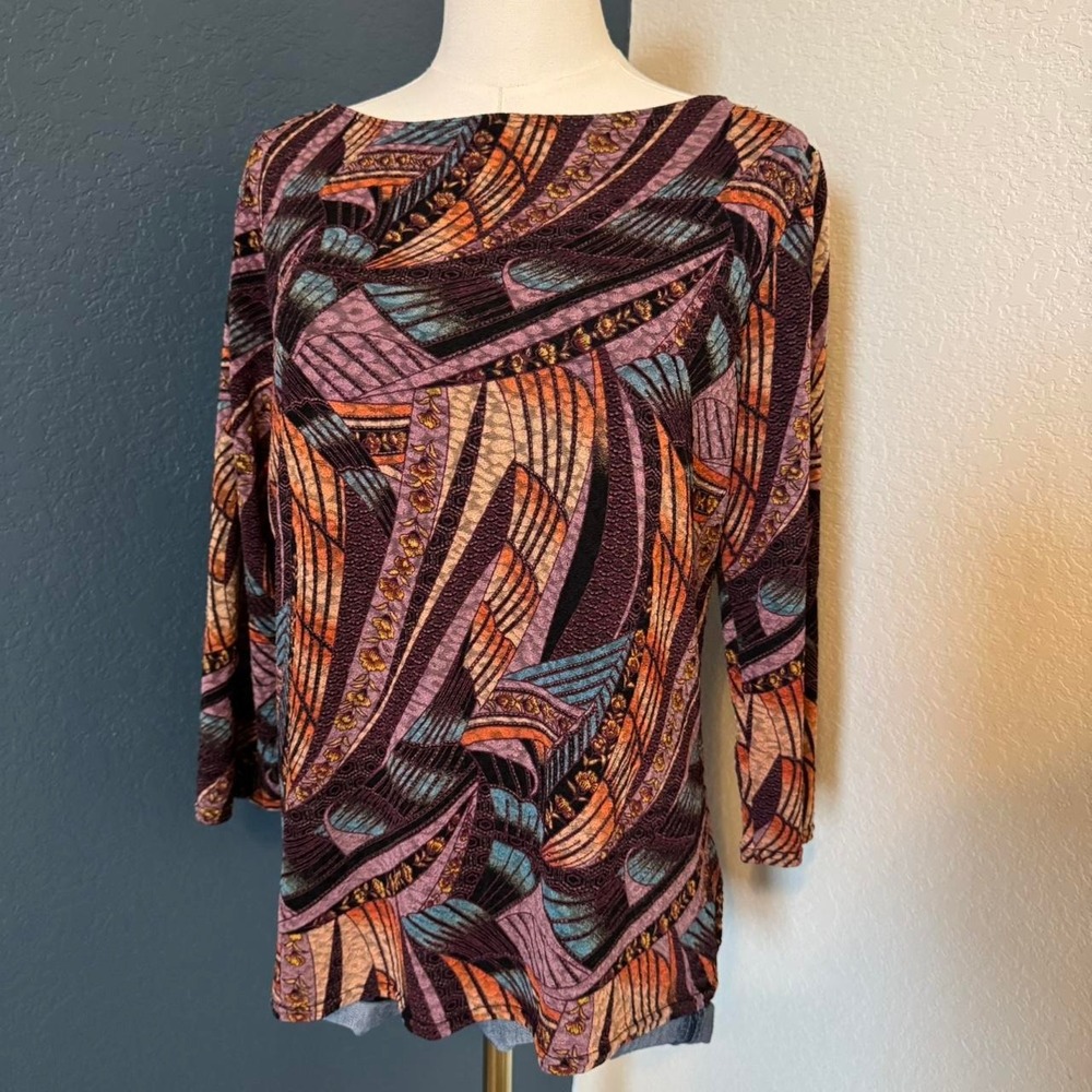 Vintage Abstract Art‎ Deco Pattern Stretchy 3/4 Sleeve Top, XL